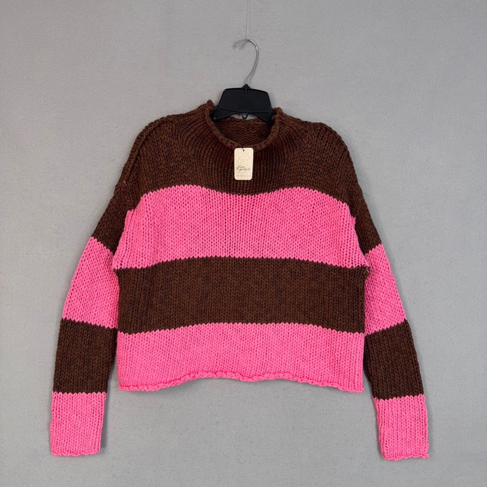 Free People Sweater Womens Small Brown Pink Striped Chunky Knit Boho Pullover